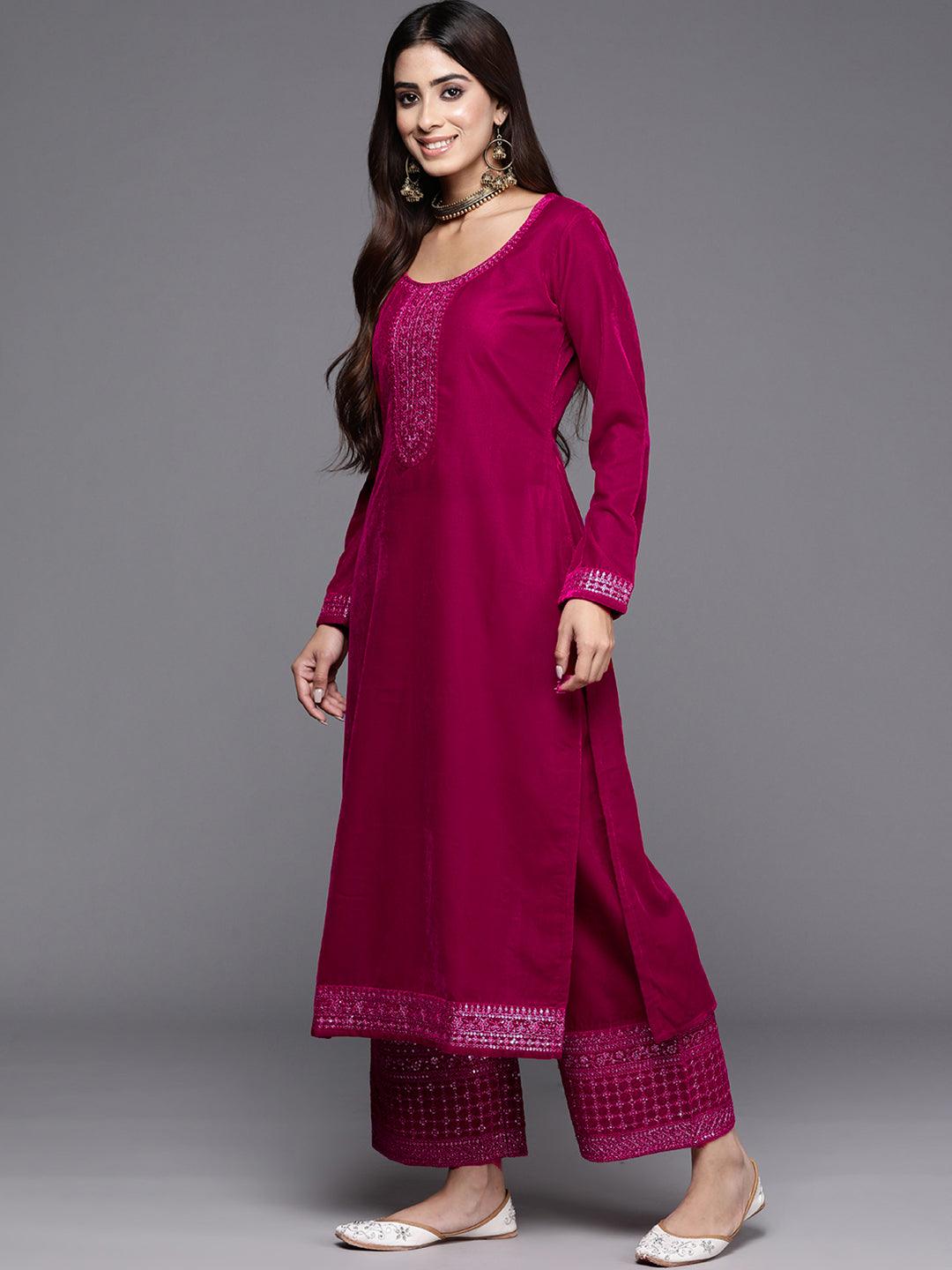 Hot Pink Yoke Design Velvet Straight Kurta With Palazzos & Dupatta - ShopLibas