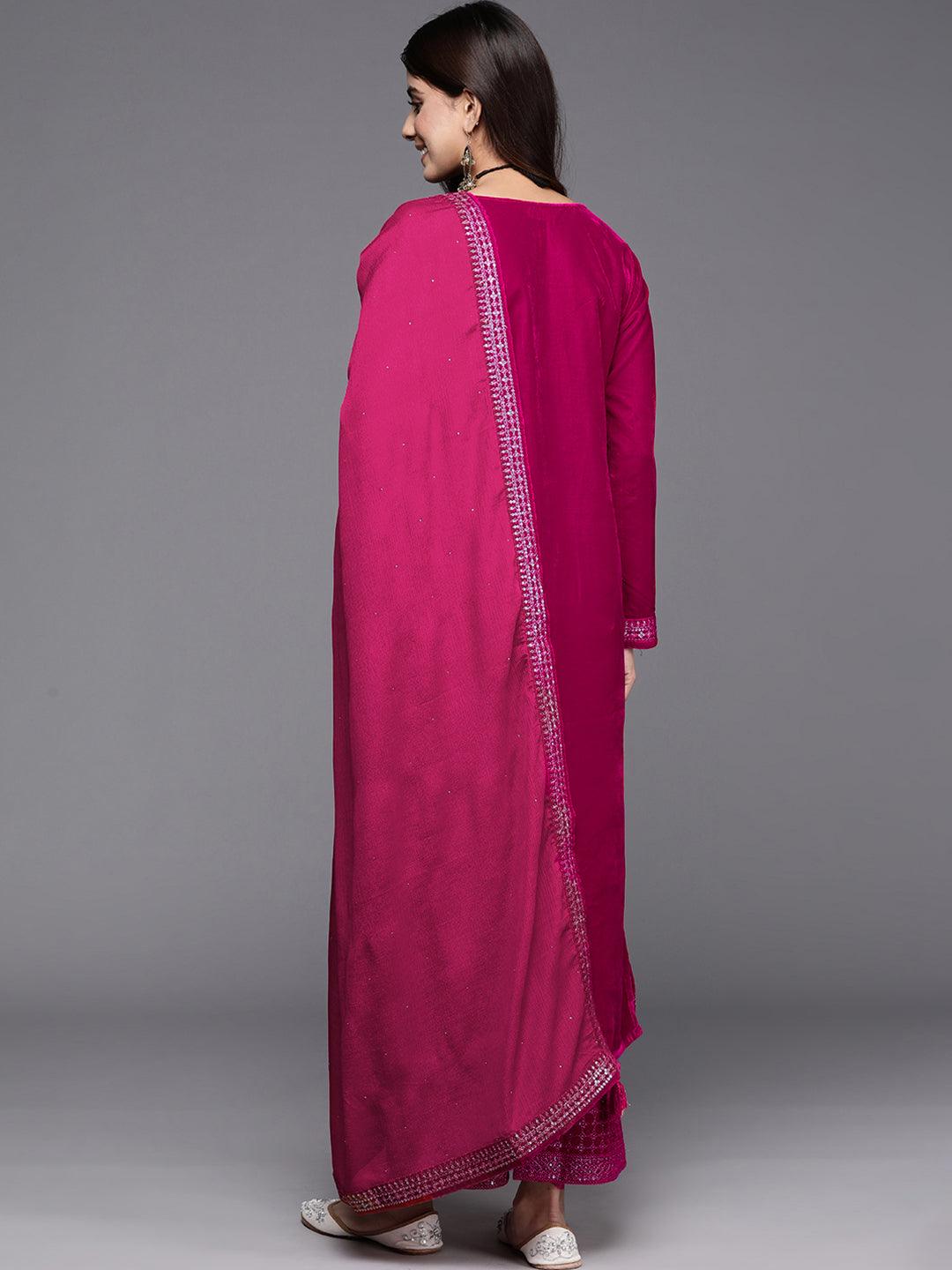 Hot Pink Yoke Design Velvet Straight Kurta With Palazzos & Dupatta - ShopLibas