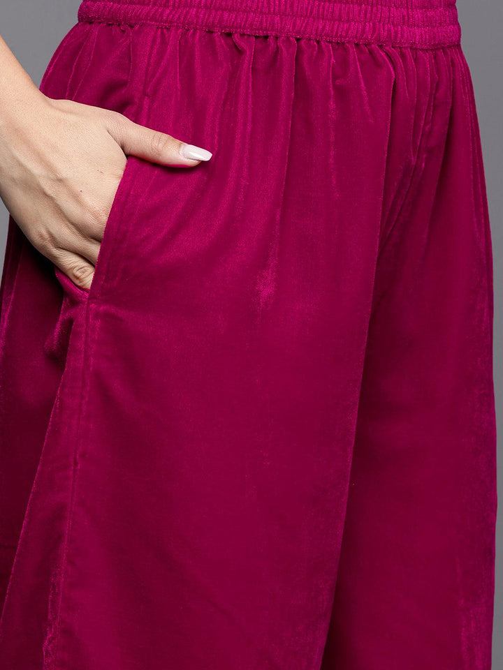 Hot Pink Yoke Design Velvet Straight Kurta With Palazzos & Dupatta - ShopLibas