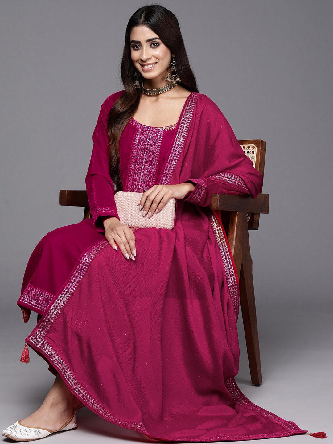 Hot Pink Yoke Design Velvet Straight Kurta With Palazzos & Dupatta - ShopLibas