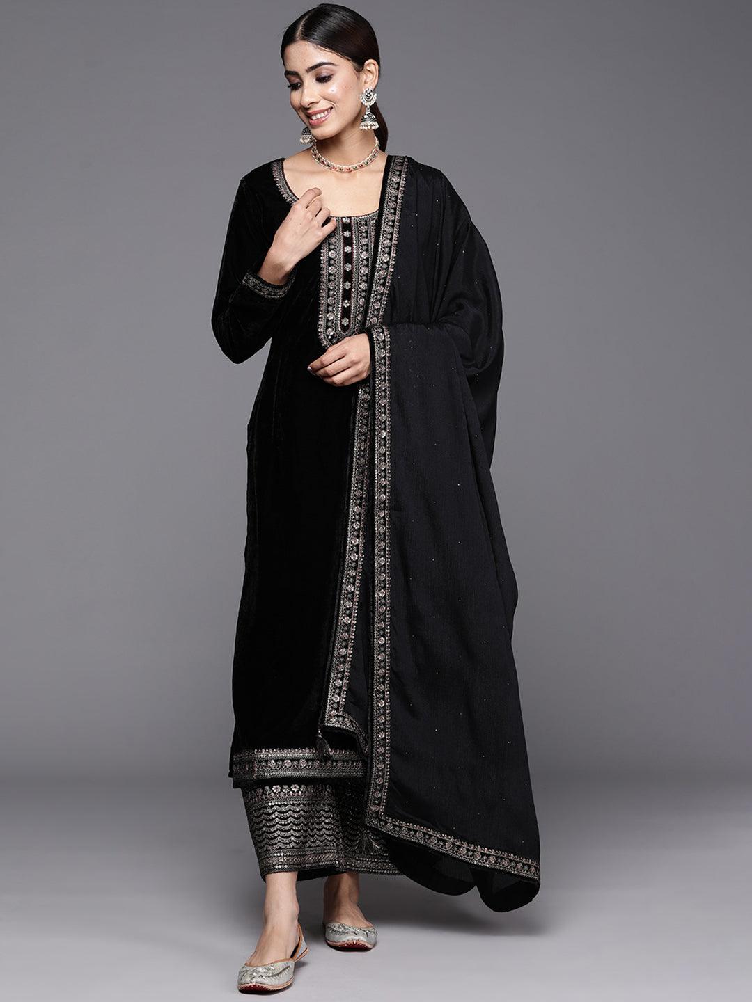 Black Yoke Design Velvet Straight Kurta With Palazzos & Dupatta - ShopLibas