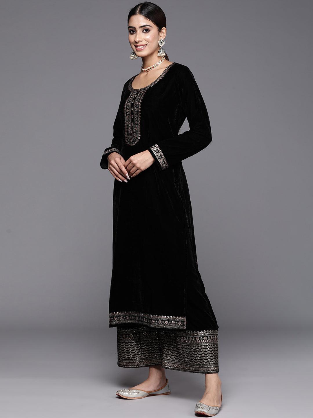 Black Yoke Design Velvet Straight Kurta With Palazzos & Dupatta - ShopLibas