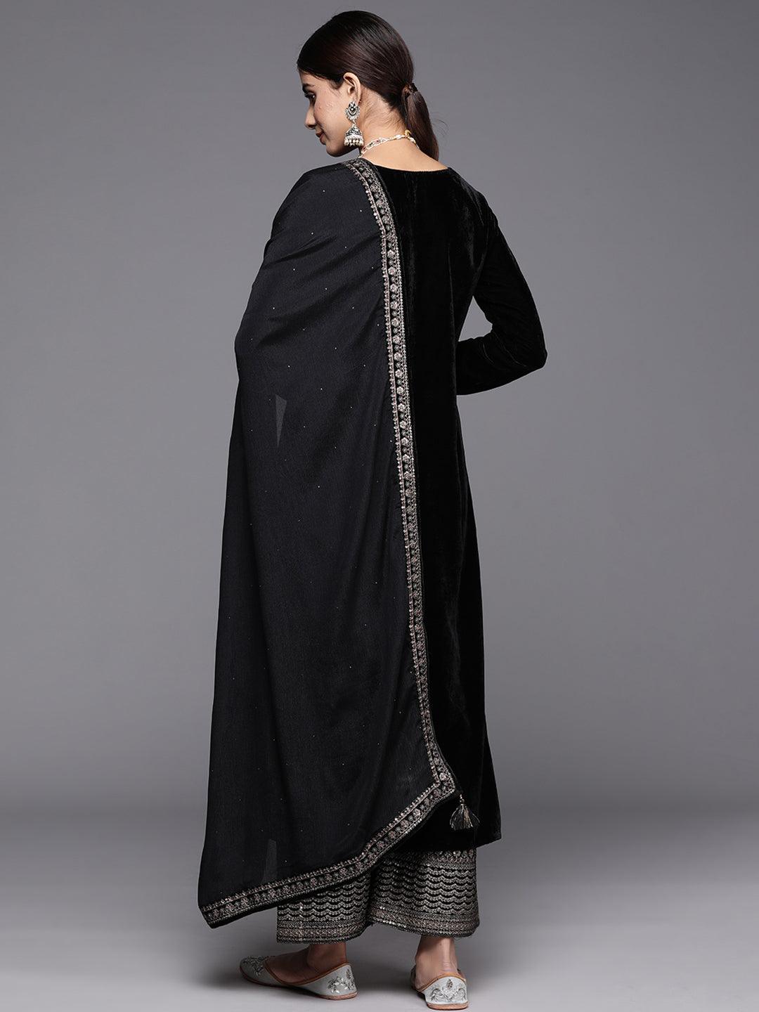 Black Yoke Design Velvet Straight Kurta With Palazzos & Dupatta - ShopLibas