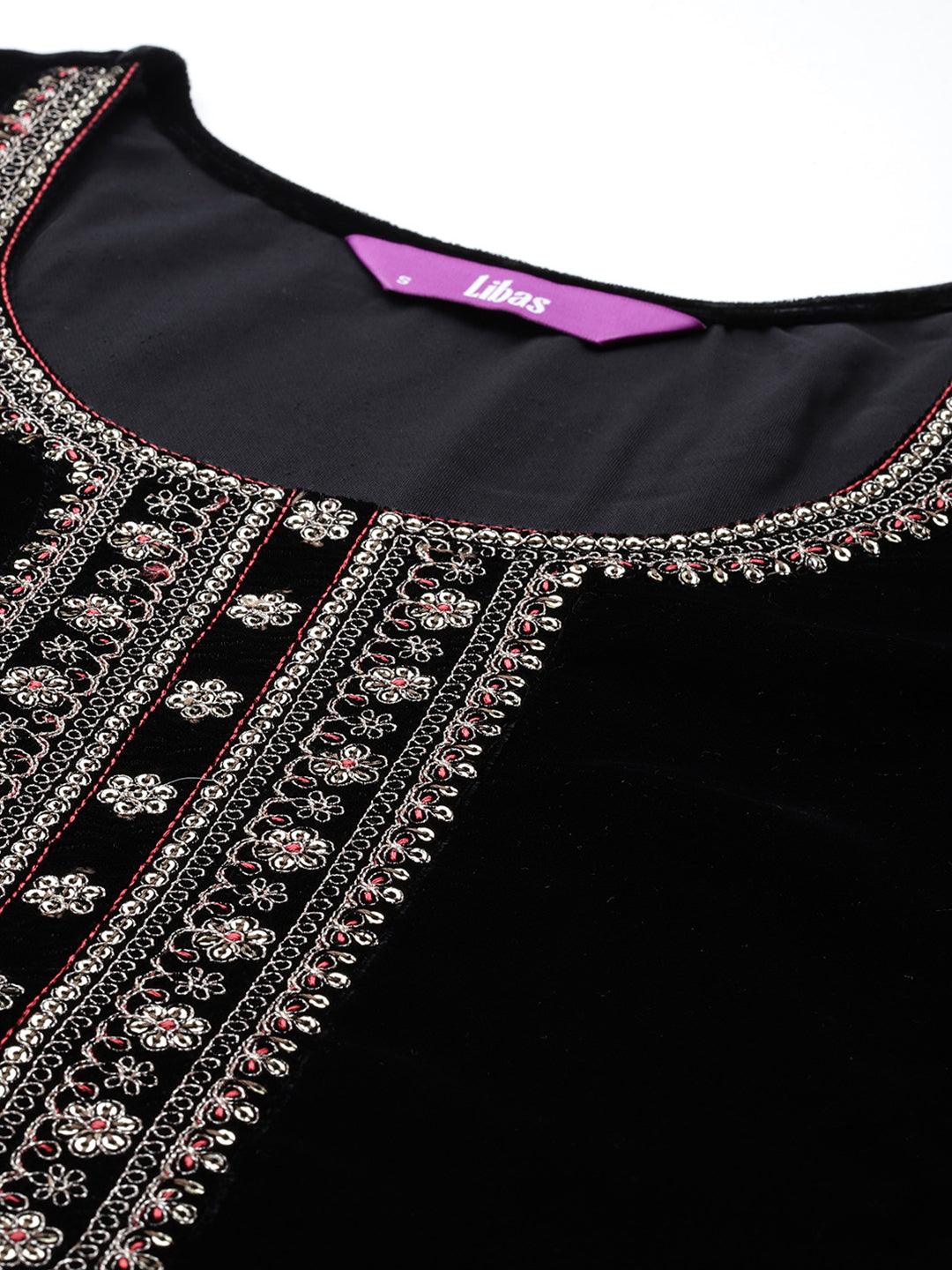 Black Yoke Design Velvet Straight Kurta With Palazzos & Dupatta - ShopLibas