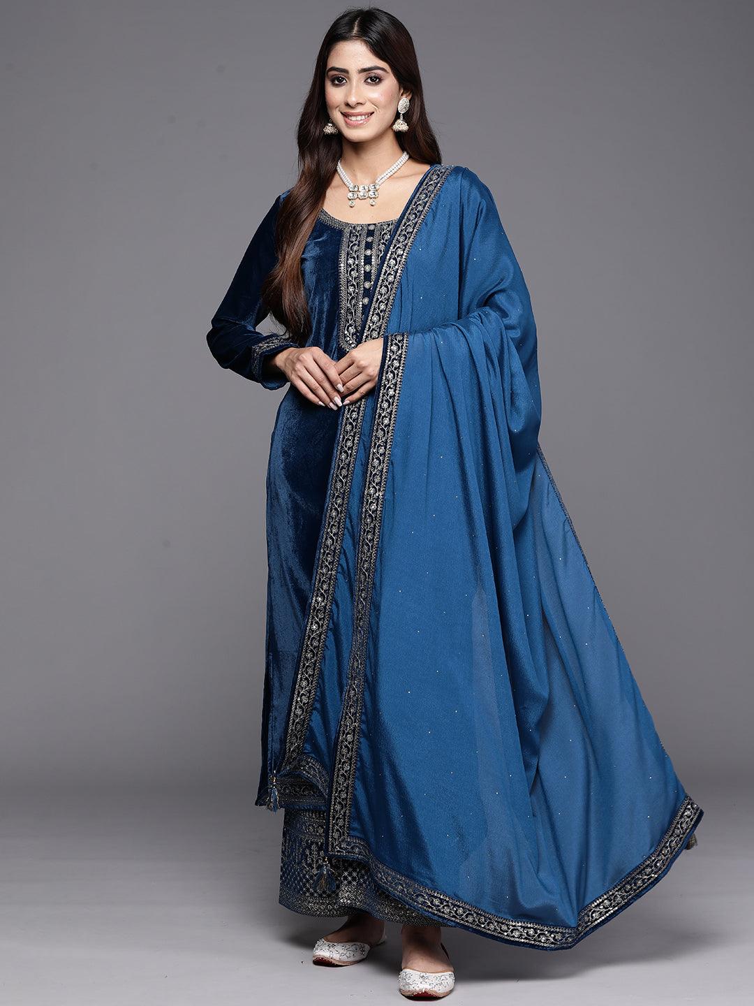 Teal Blue Yoke Design Velvet Straight Kurta With Palazzos & Dupatta - ShopLibas