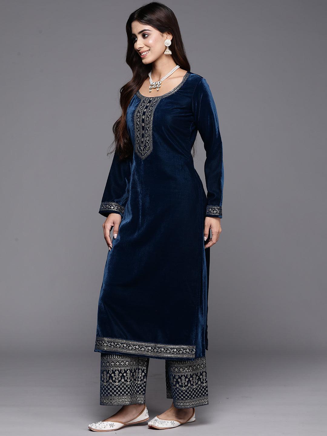 Teal Blue Yoke Design Velvet Straight Kurta With Palazzos & Dupatta - ShopLibas