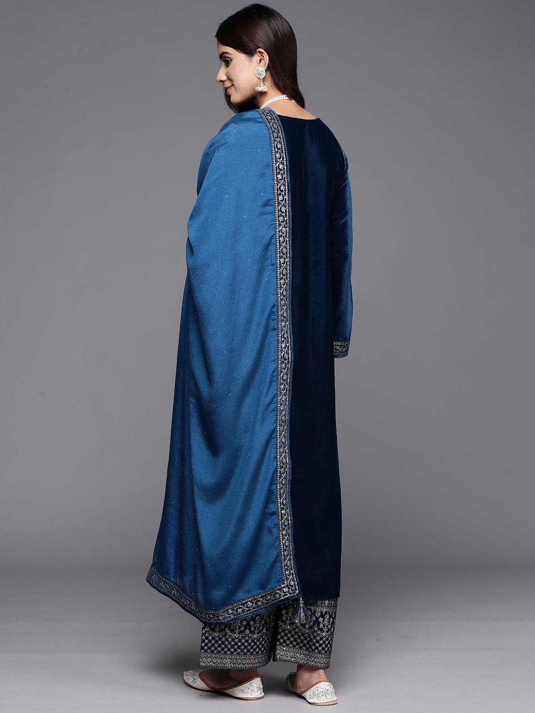 Teal Blue Yoke Design Velvet Straight Kurta With Palazzos & Dupatta - ShopLibas