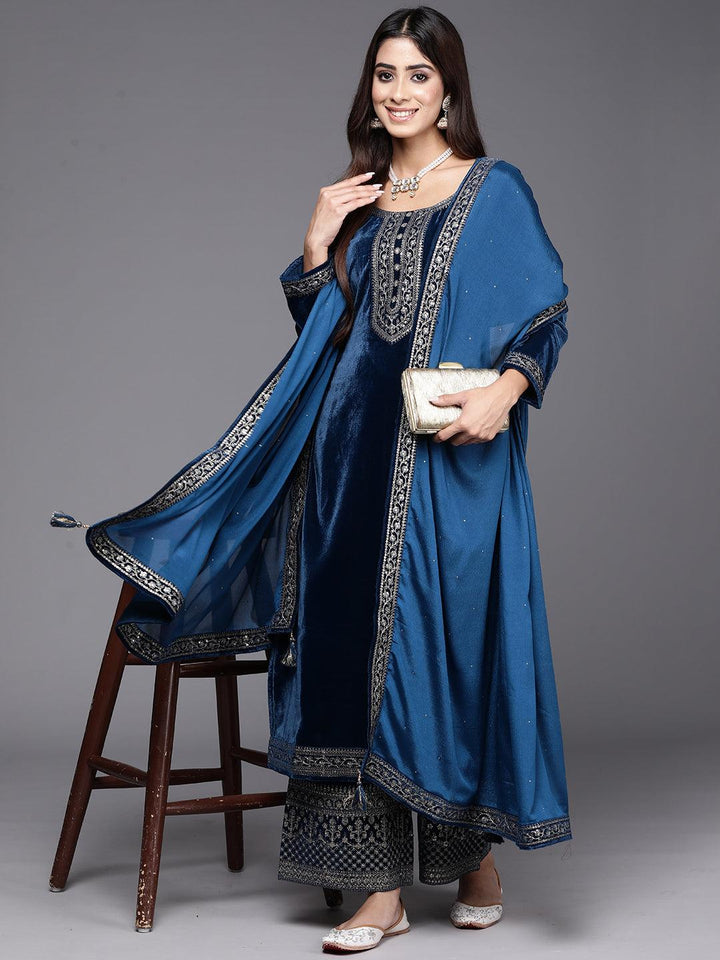 Teal Blue Yoke Design Velvet Straight Kurta With Palazzos & Dupatta - ShopLibas