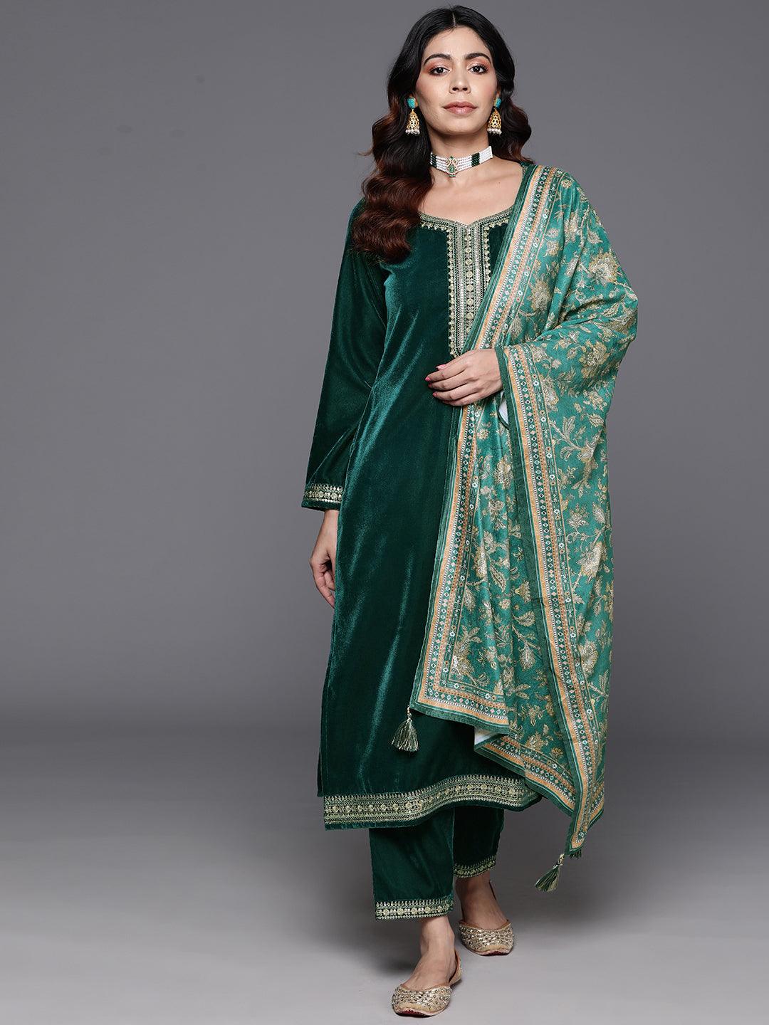 Rama Green Yoke Design Velvet Straight Kurta With Trousers & Dupatta - ShopLibas