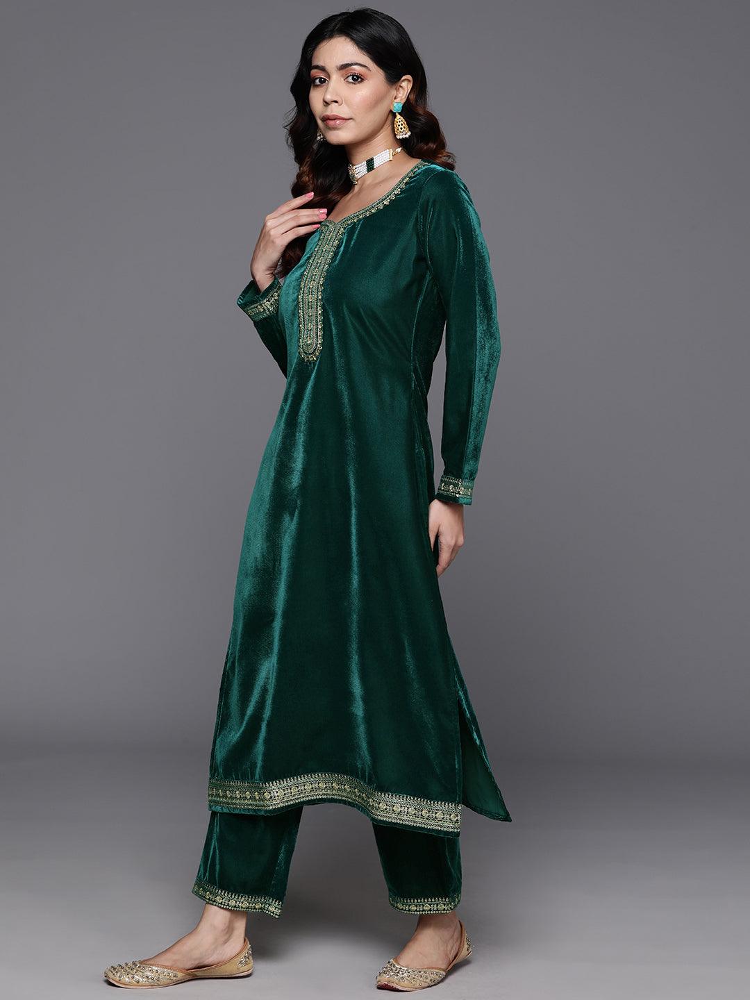 Rama Green Yoke Design Velvet Straight Kurta With Trousers & Dupatta - ShopLibas