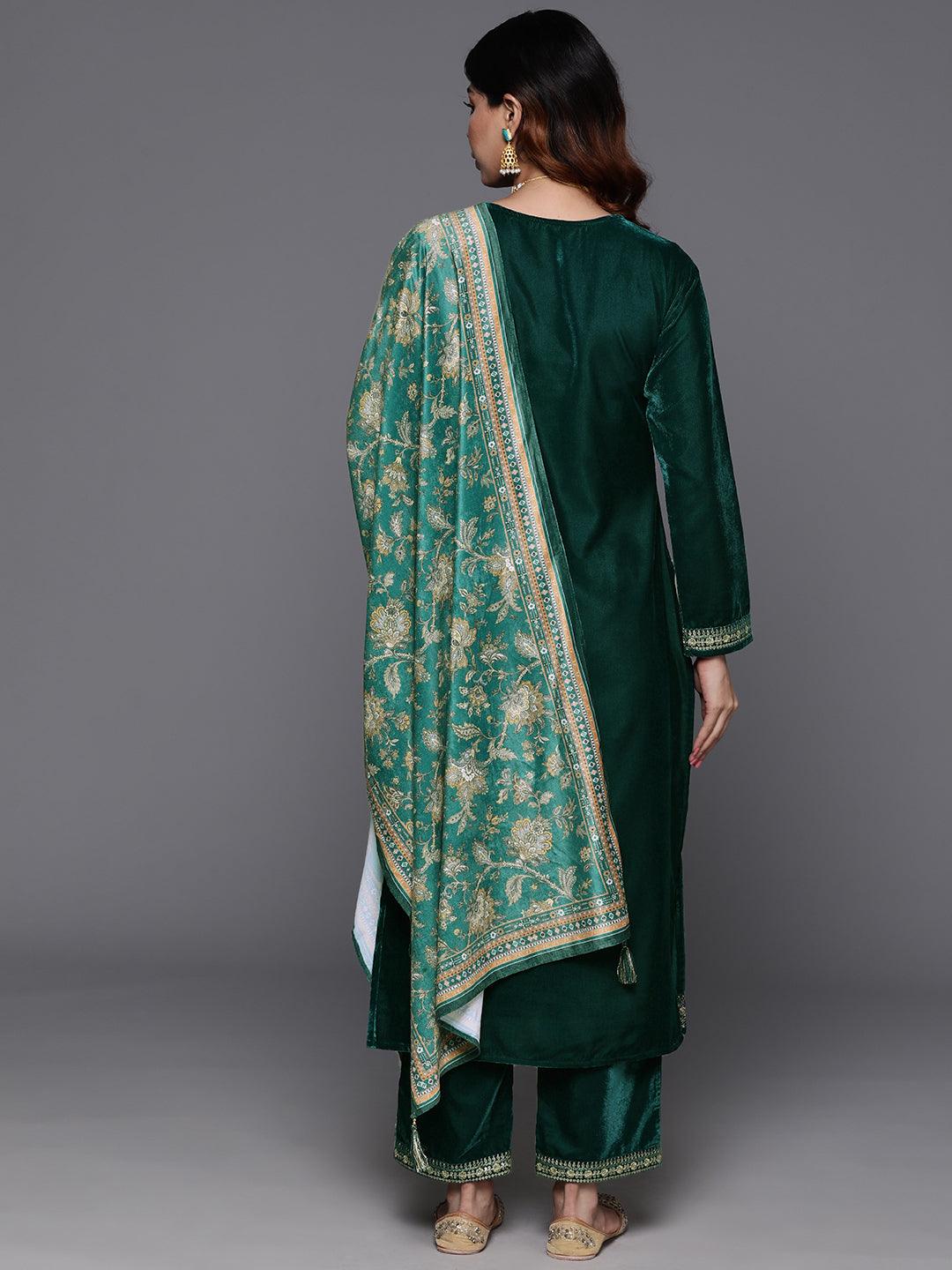 Rama Green Yoke Design Velvet Straight Kurta With Trousers & Dupatta - ShopLibas