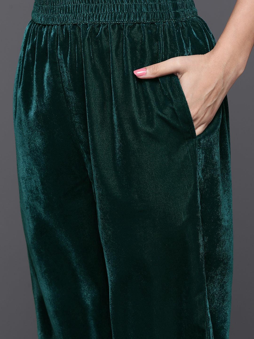 Rama Green Yoke Design Velvet Straight Kurta With Trousers & Dupatta - ShopLibas