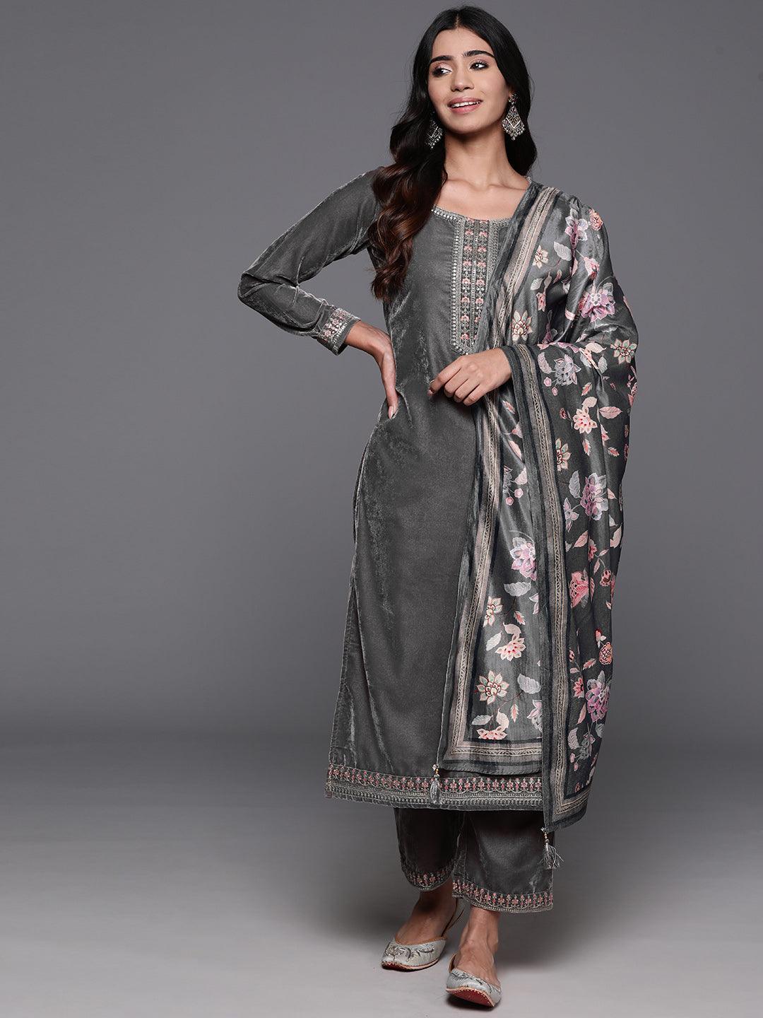 Grey Yoke Design Velvet Straight Suit With Dupatta