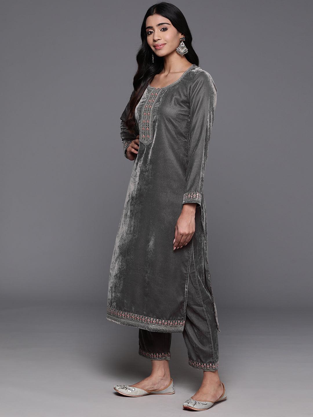 Grey Yoke Design Velvet Straight Suit With Dupatta