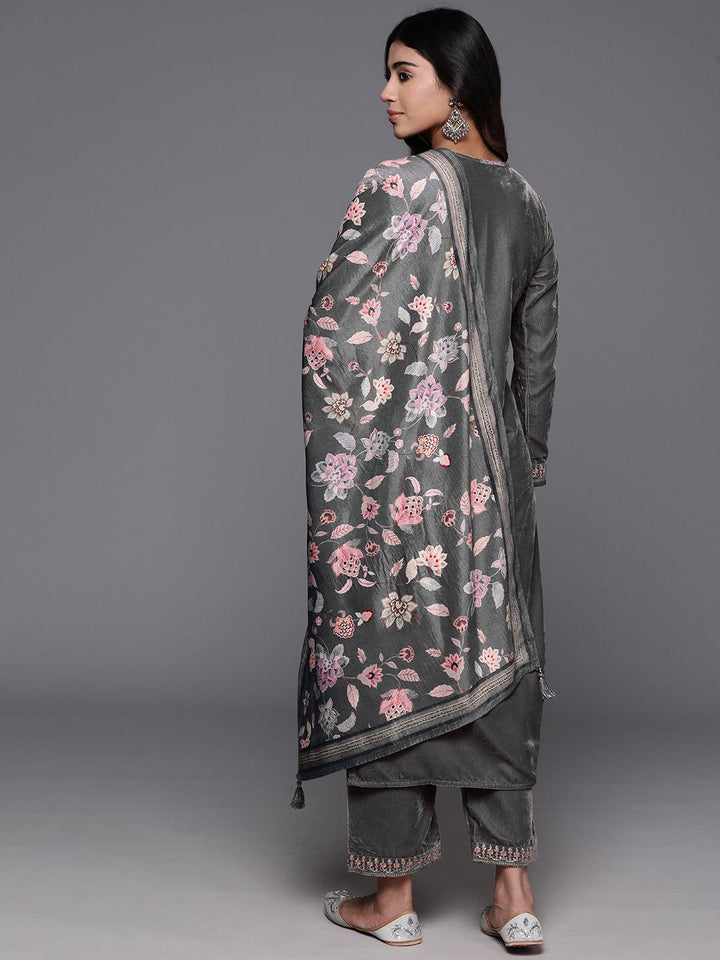 Grey Yoke Design Velvet Straight Kurta With Trousers & Dupatta - ShopLibas