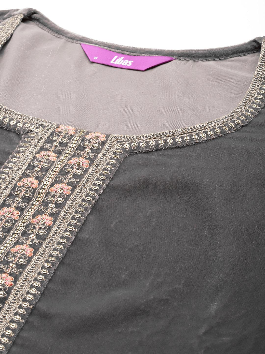 Grey Yoke Design Velvet Straight Suit With Dupatta