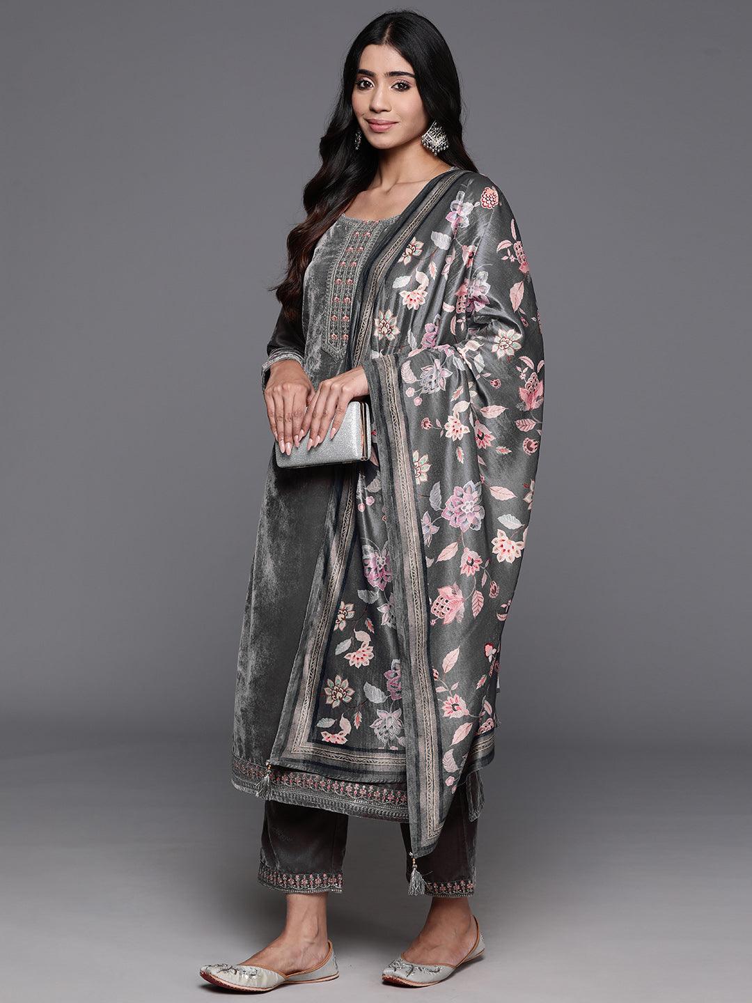 Grey Yoke Design Velvet Straight Suit With Dupatta