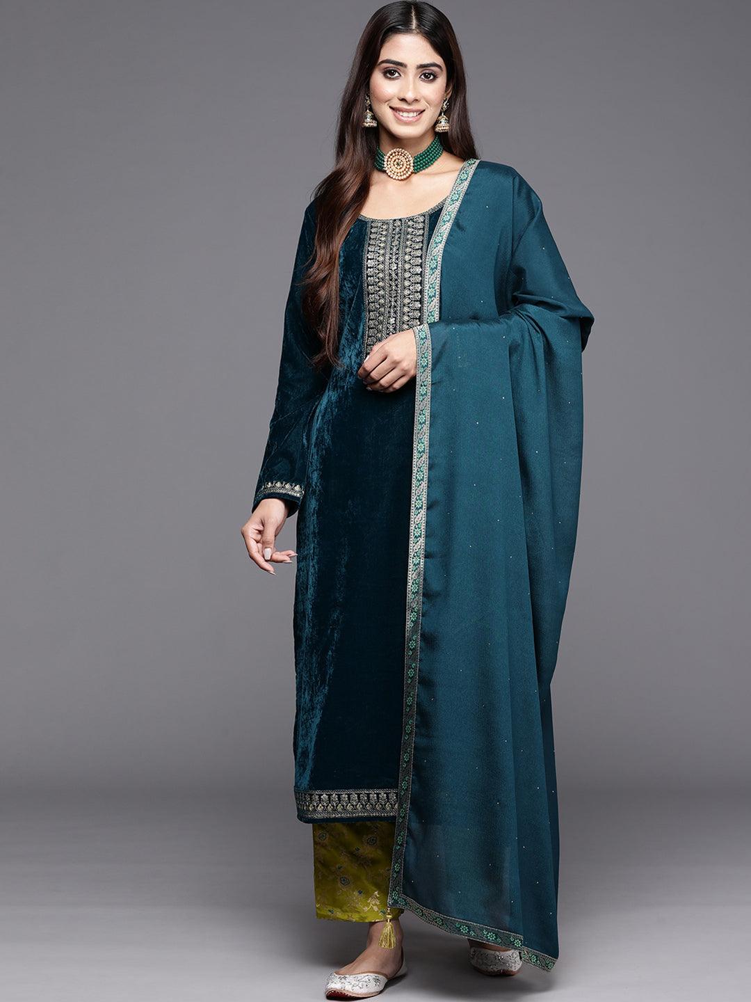 Green Yoke Design Velvet Straight Suit With Dupatta