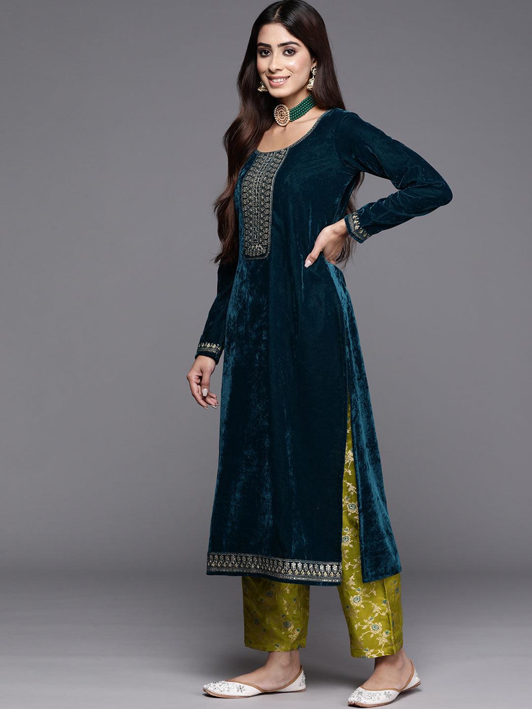 Green Yoke Design Velvet Straight Suit With Dupatta