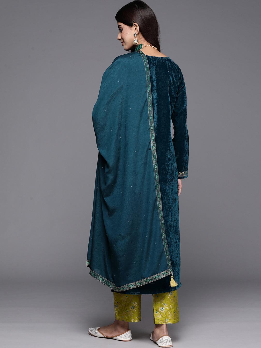 Green Yoke Design Velvet Straight Suit With Dupatta