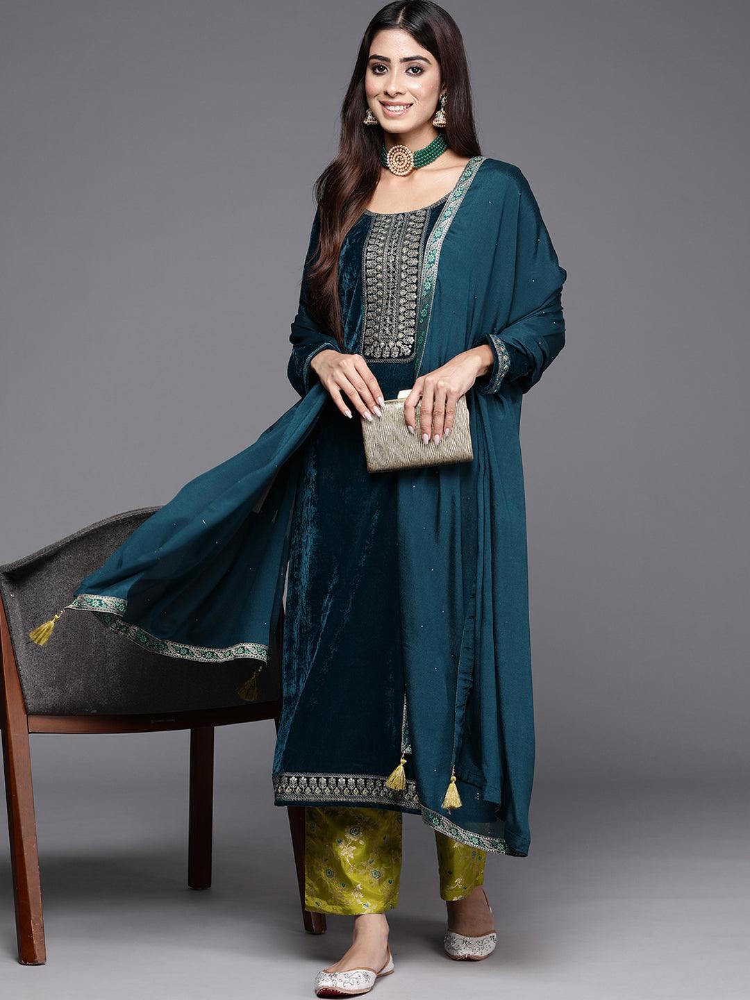 Green Yoke Design Velvet Straight Suit With Dupatta