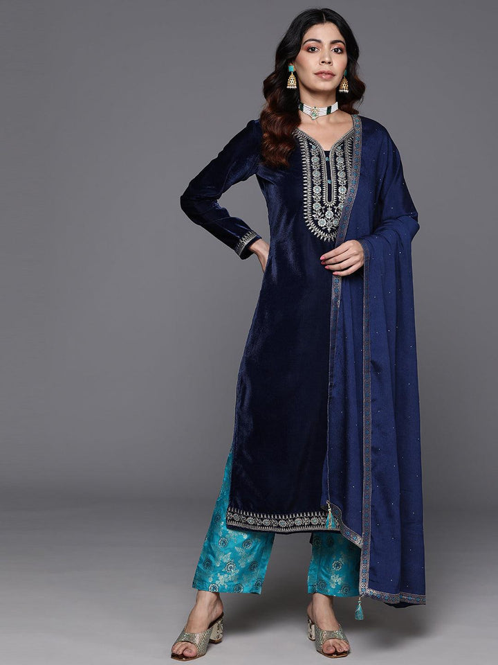 Navy Yoke Design Velvet Straight Kurta With Trousers & Dupatta - ShopLibas