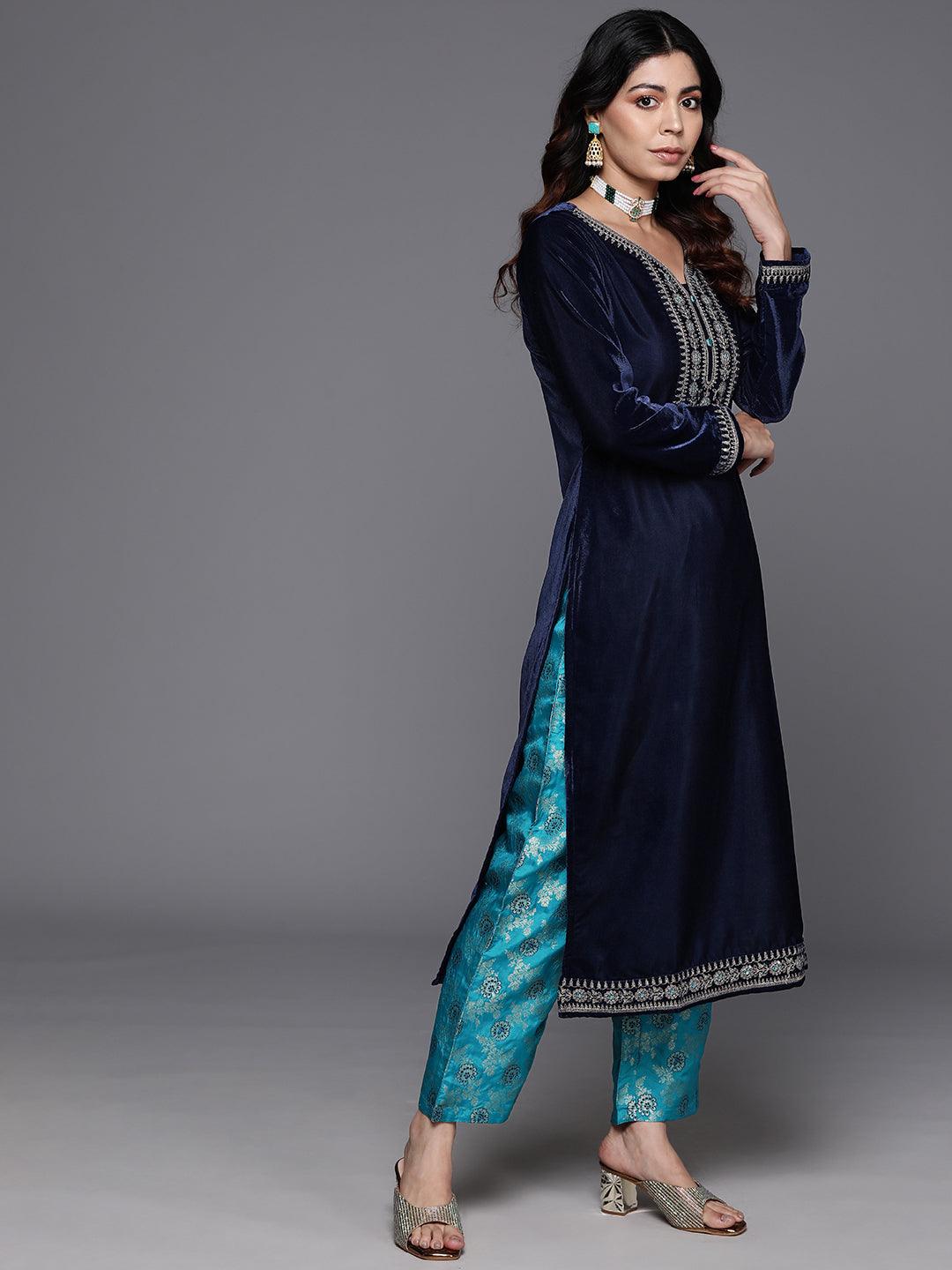 Navy Yoke Design Velvet Straight Kurta With Trousers & Dupatta - ShopLibas