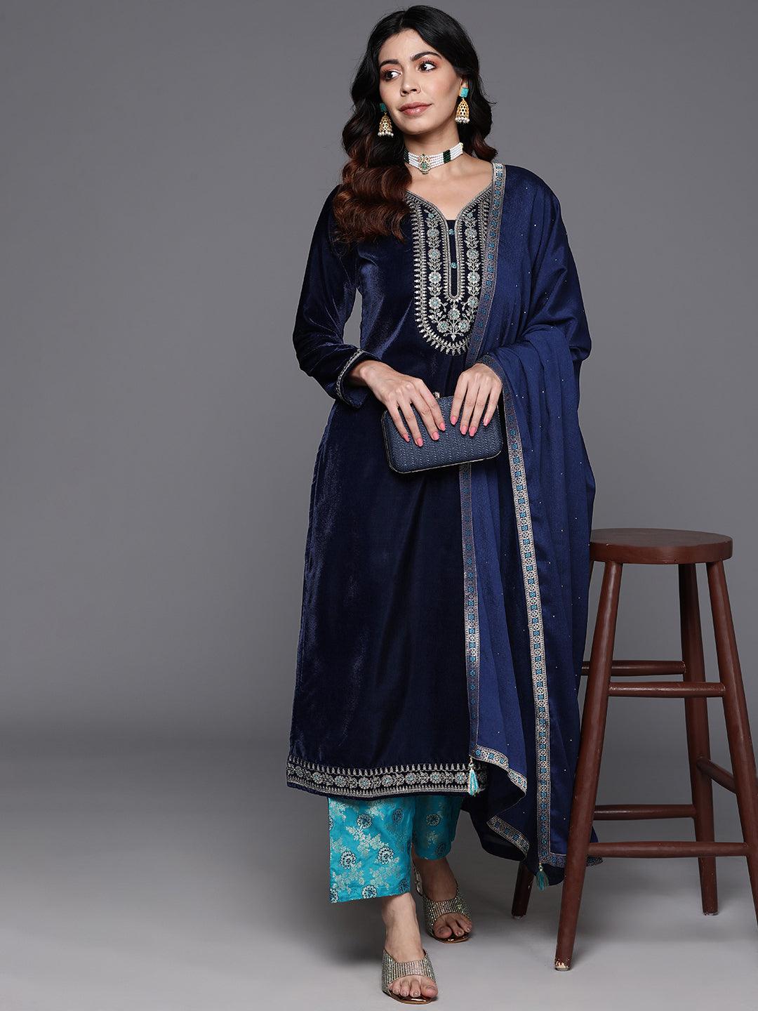 Navy Blue Yoke Design Velvet Straight Suit With Dupatta