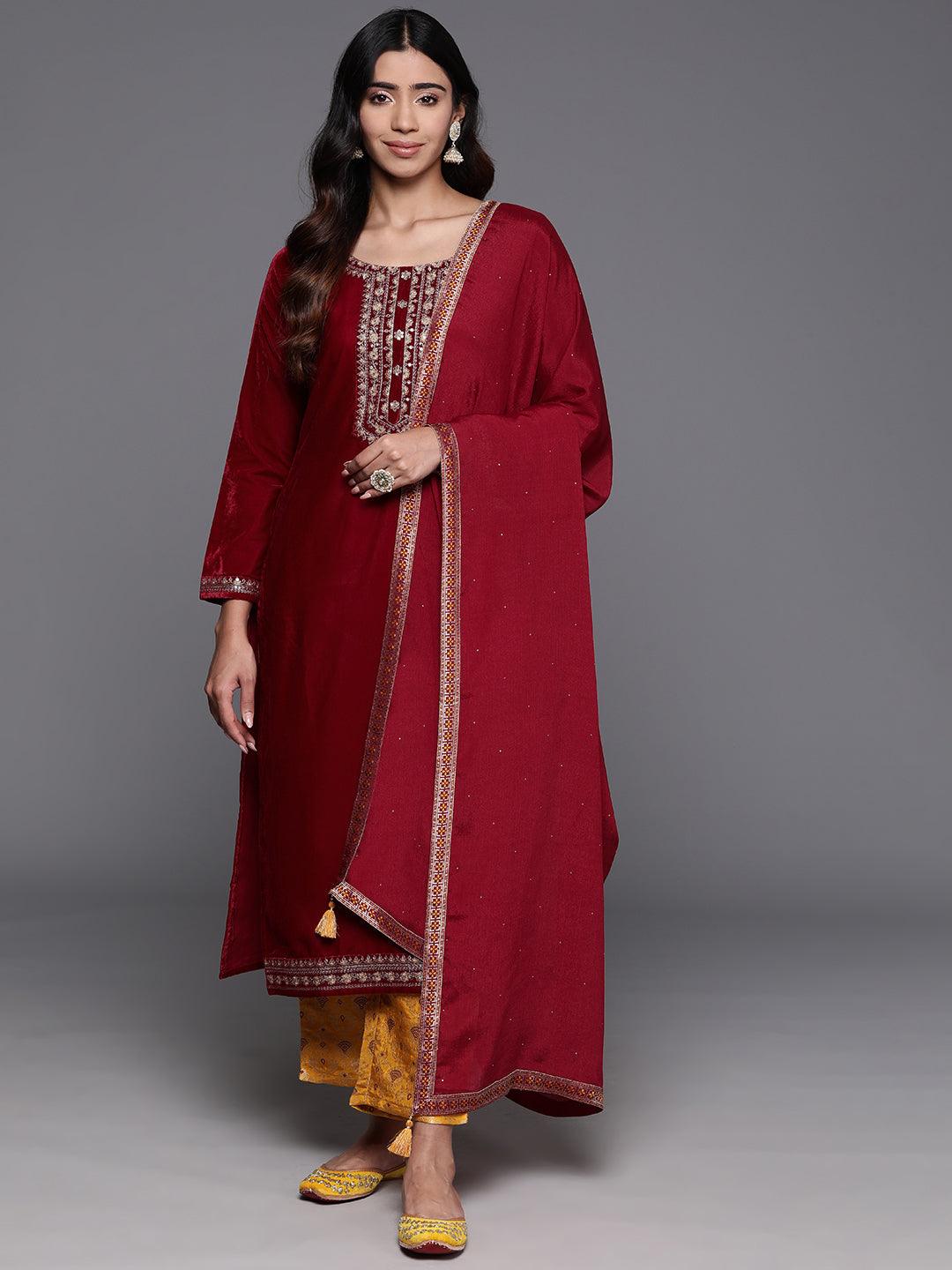 Maroon Yoke Design Velvet Straight Kurta With Trousers & Dupatta - ShopLibas