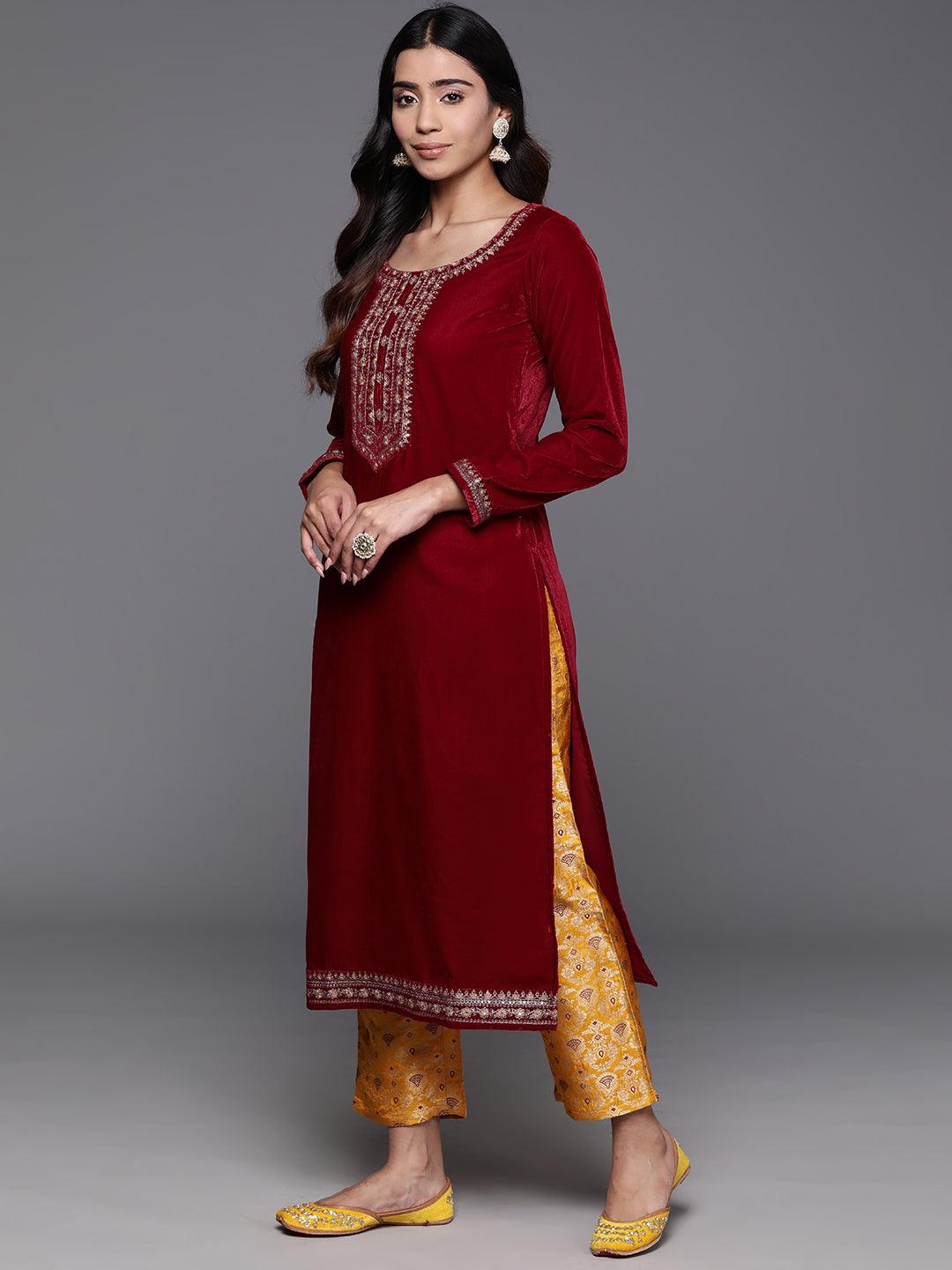 Maroon Yoke Design Velvet Straight Suit With Dupatta