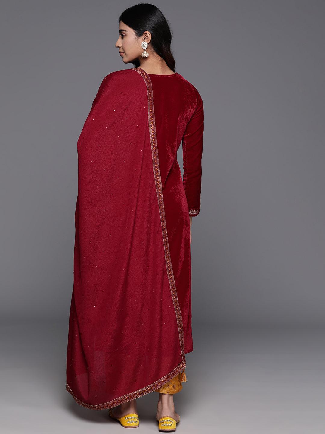 Maroon Yoke Design Velvet Straight Suit With Dupatta