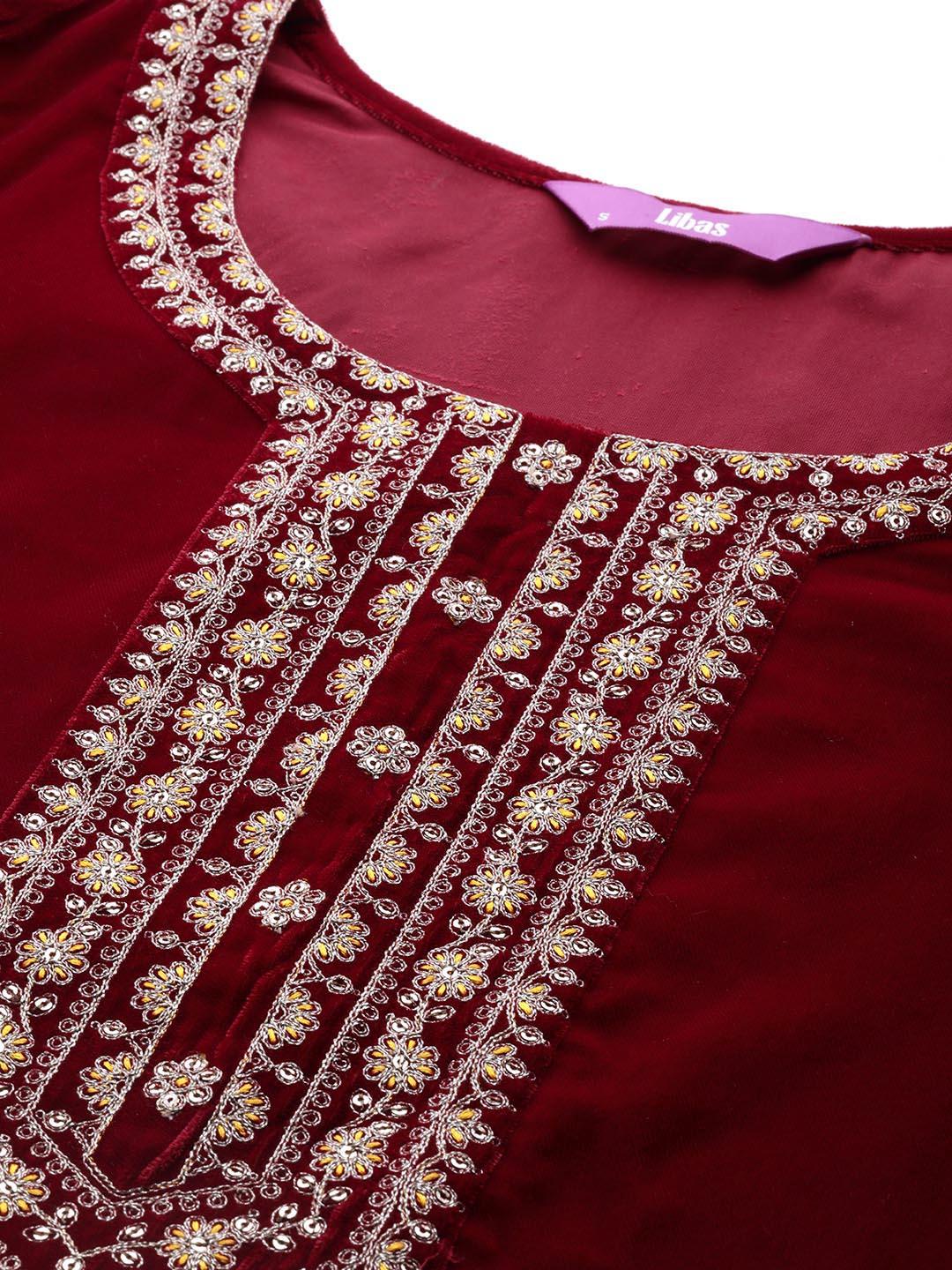 Maroon Yoke Design Velvet Straight Suit With Dupatta