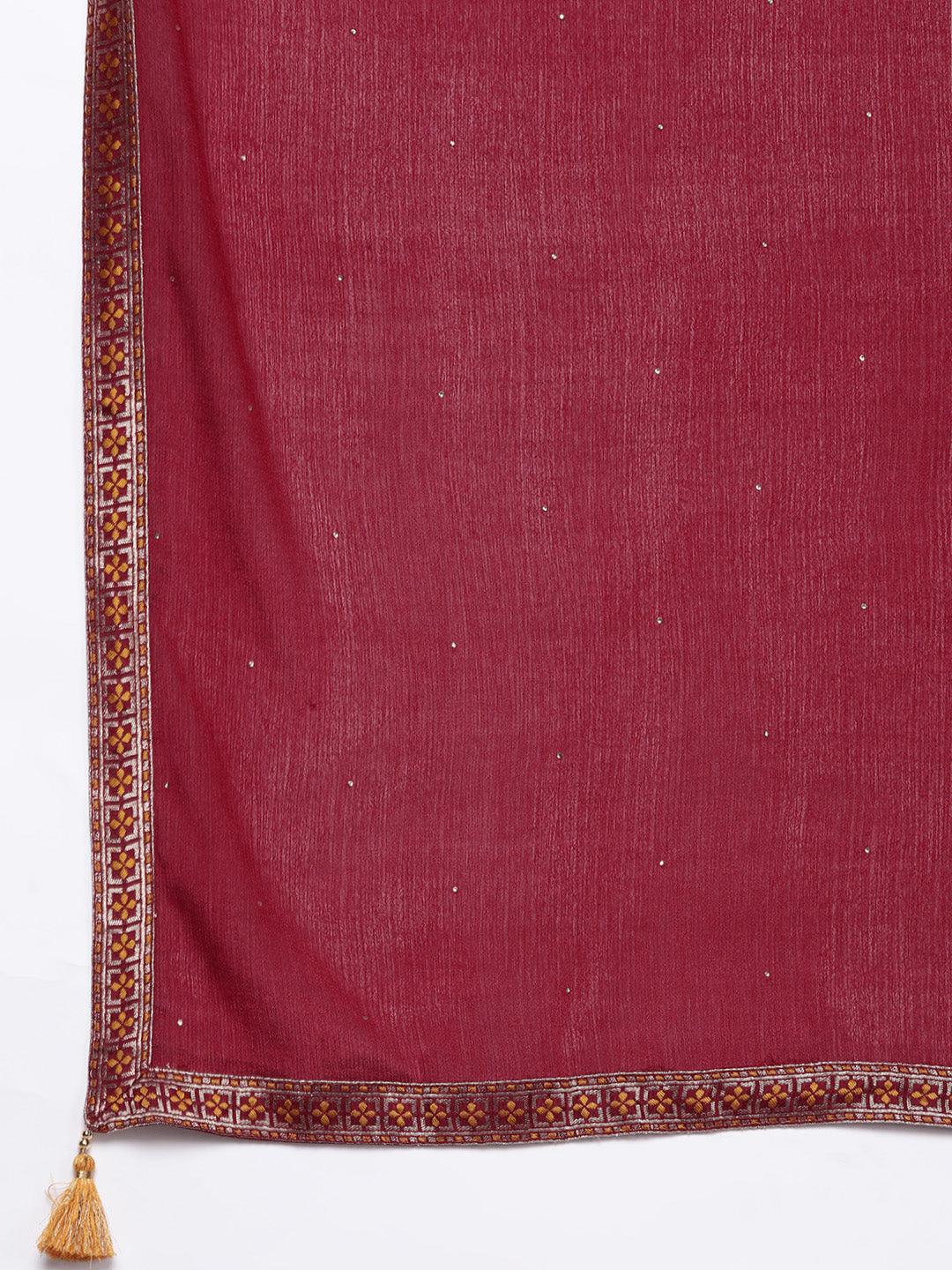 Maroon Yoke Design Velvet Straight Suit With Dupatta