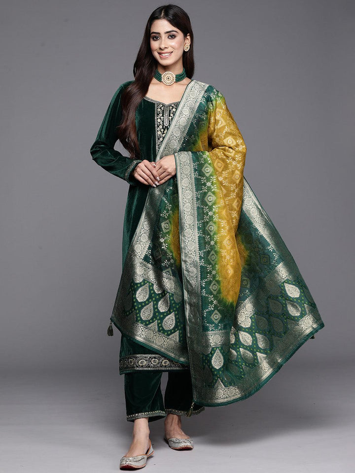 Bottle Green Yoke Design Velvet Straight Kurta With Trousers & Dupatta - ShopLibas