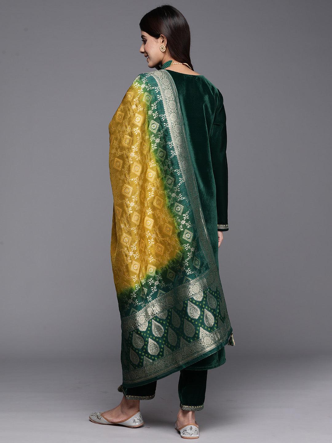 Bottle Green Yoke Design Velvet Straight Kurta With Trousers & Dupatta - ShopLibas