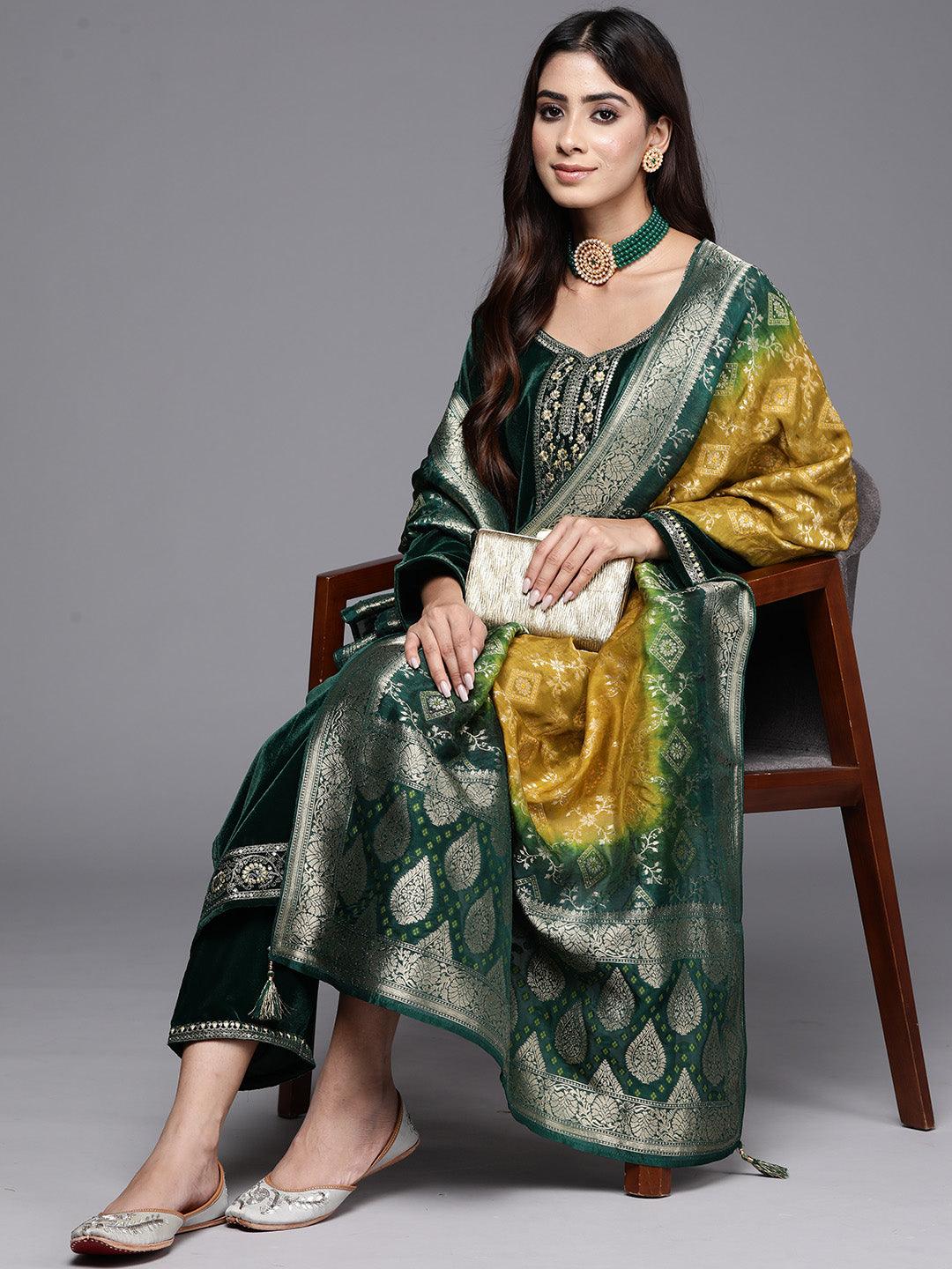 Bottle Green Yoke Design Velvet Straight Kurta With Trousers & Dupatta - ShopLibas