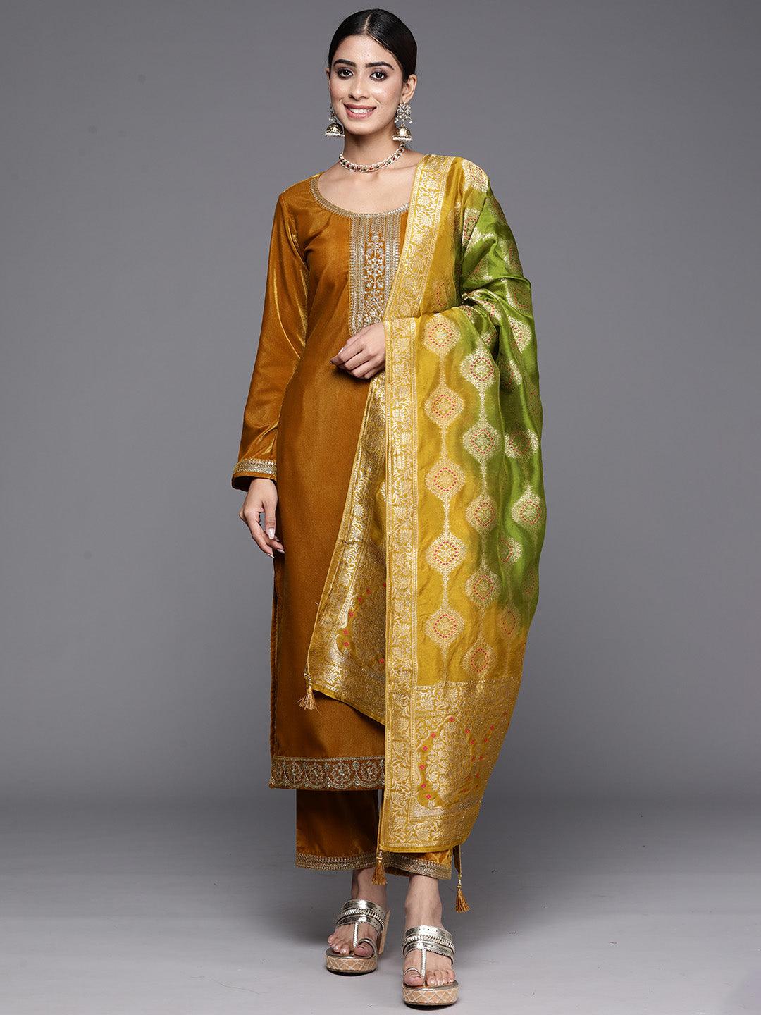 Mustard Yoke Design Velvet Straight Suit With Dupatta