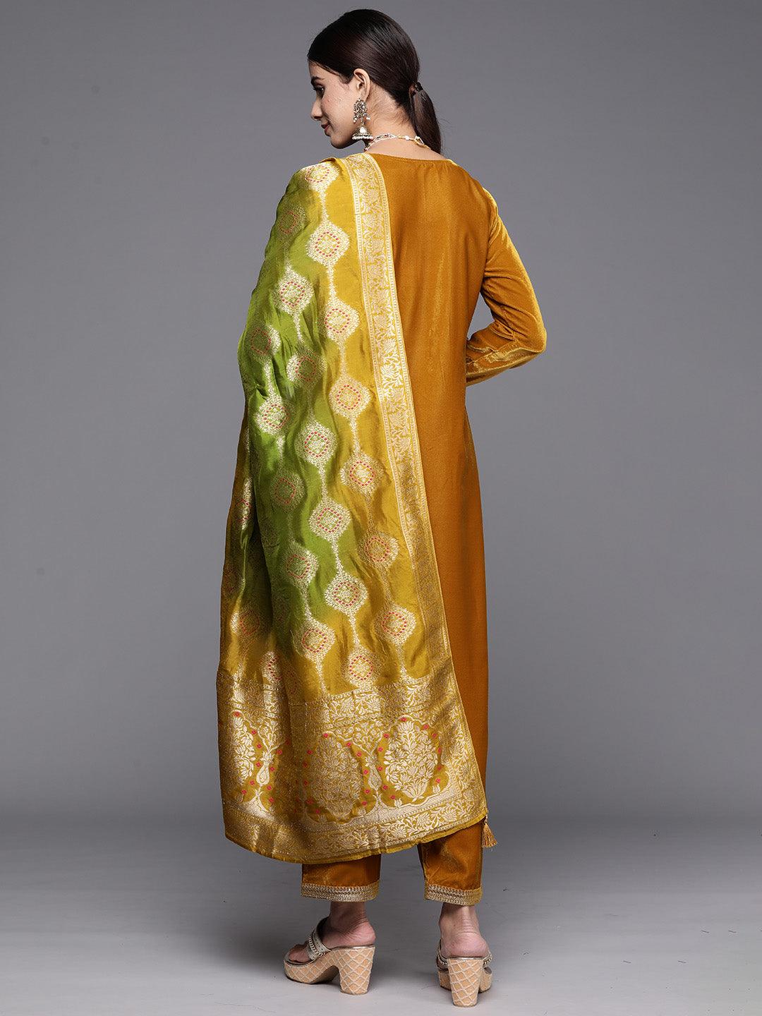 Mustard Yoke Design Velvet Straight Suit With Dupatta