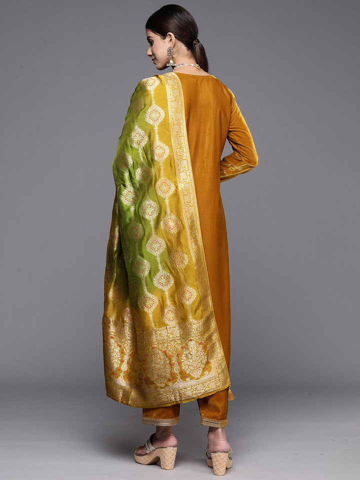 Mustard Yoke Design Velvet Straight Kurta With Trousers & Dupatta - ShopLibas