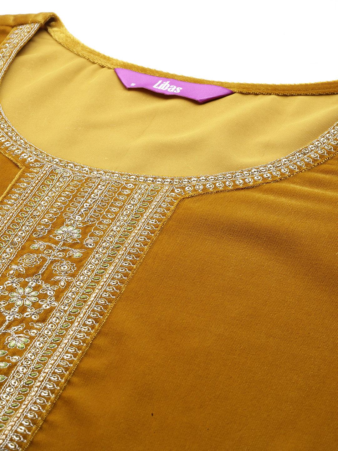 Mustard Yoke Design Velvet Straight Suit With Dupatta