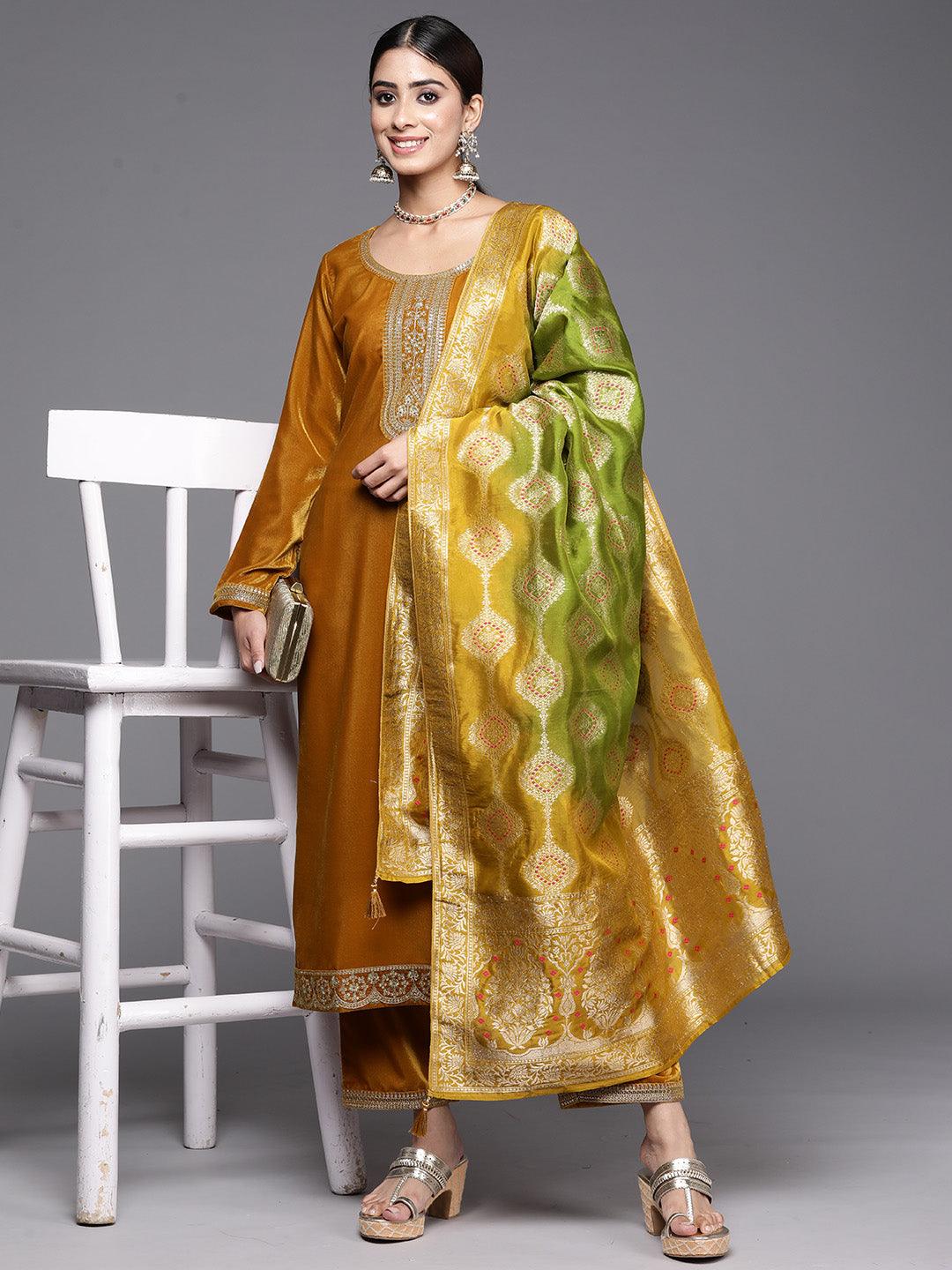 Mustard Yoke Design Velvet Straight Suit With Dupatta