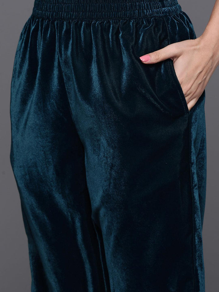 Teal Yoke Design Velvet Straight Kurta With Trousers & Dupatta - ShopLibas
