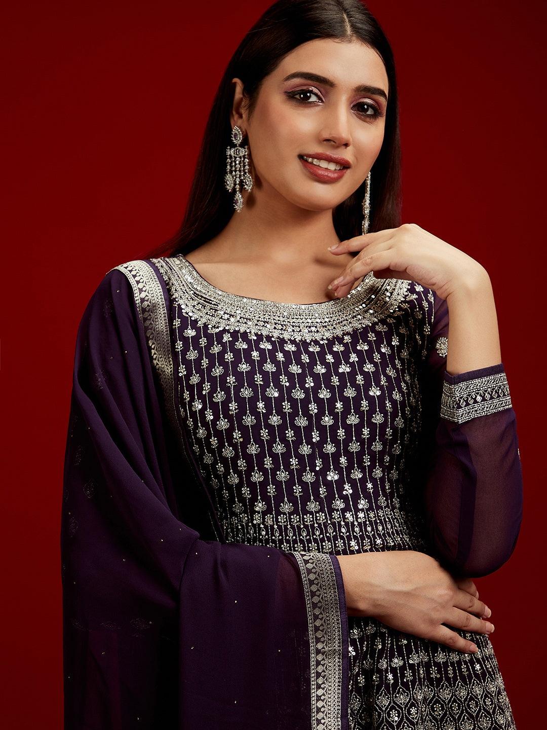 Libas Art Purple Embroidered Georgette A-Line Kurta With Sharara & Dupatta