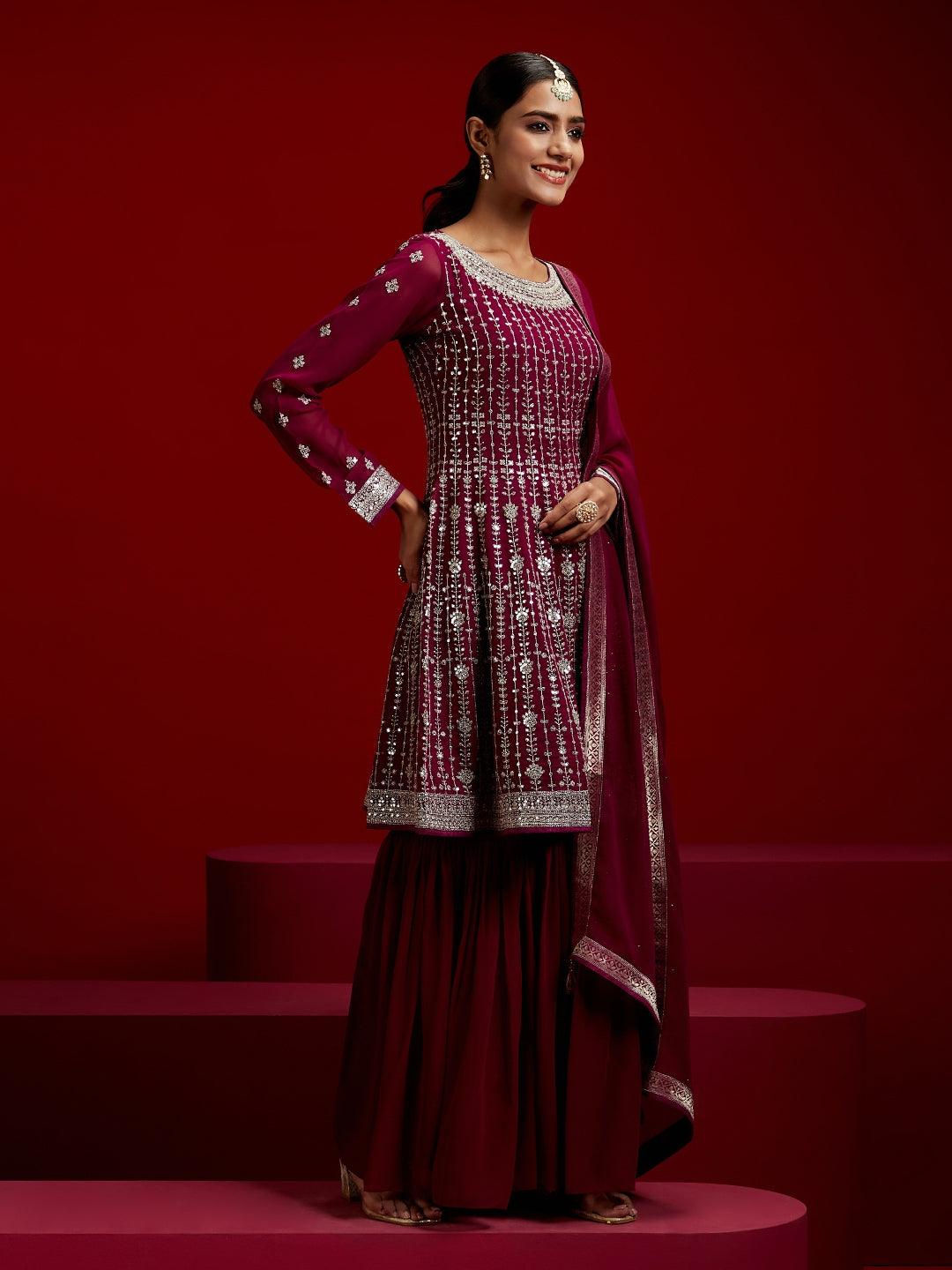 Libas Art Magenta Embroidered Georgette A-Line Kurta With Sharara & Dupatta