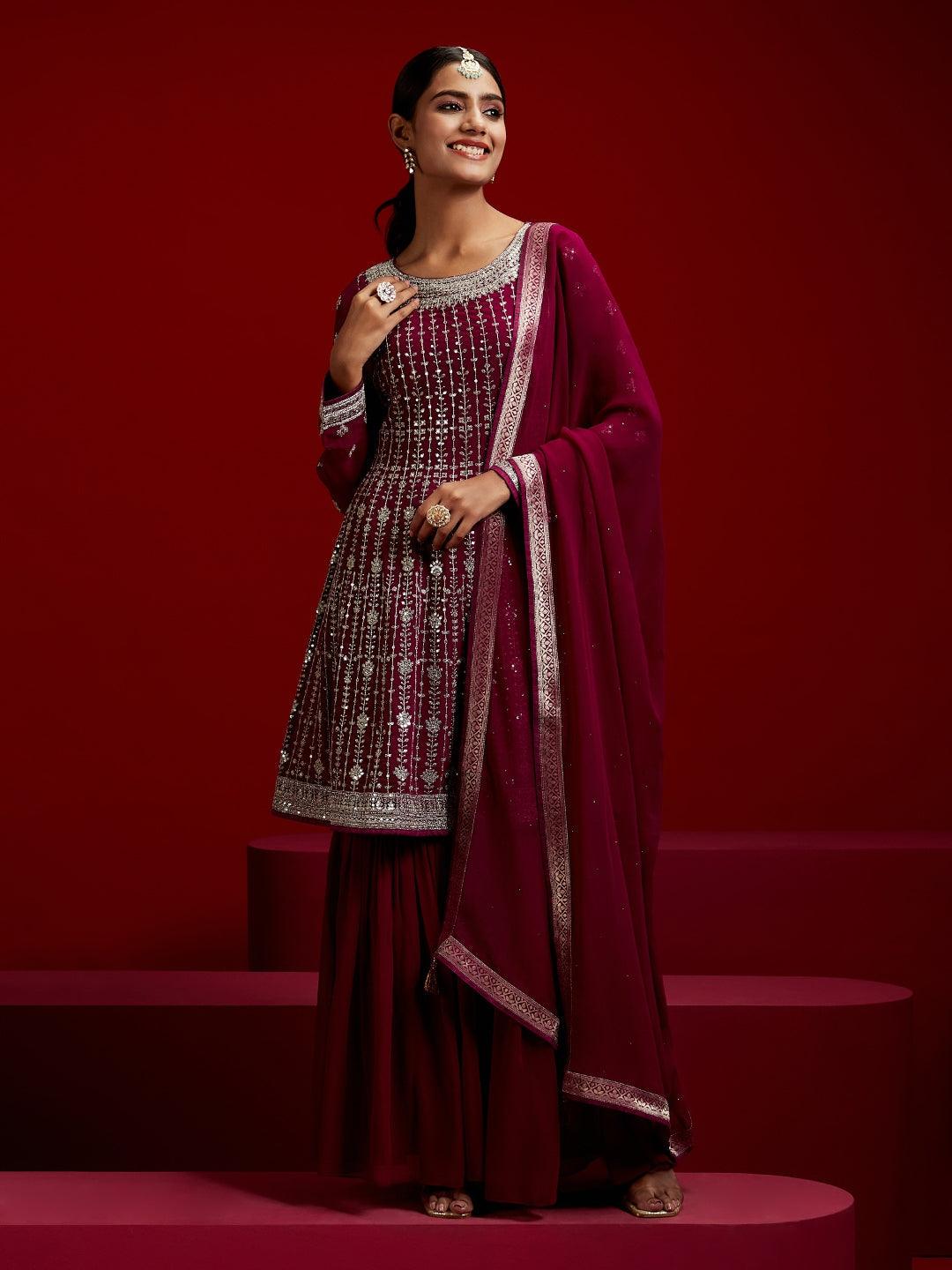 Libas Art Magenta Embroidered Georgette A-Line Kurta With Sharara & Dupatta