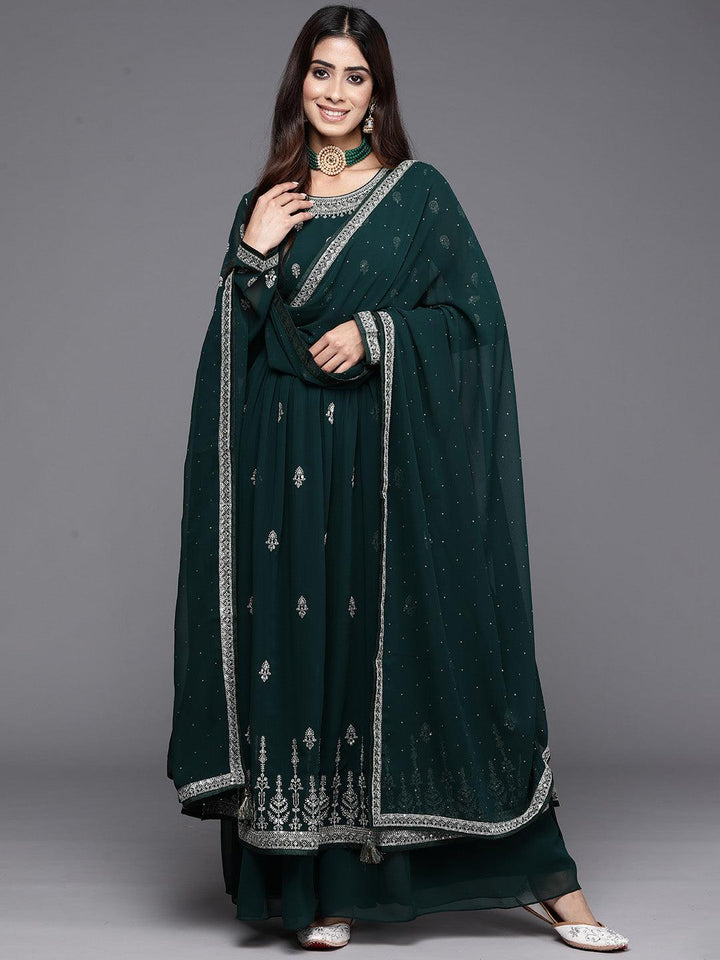 Bottle Green Embroidered Georgette A-Line Kurta With Palazzos & Dupatta - ShopLibas