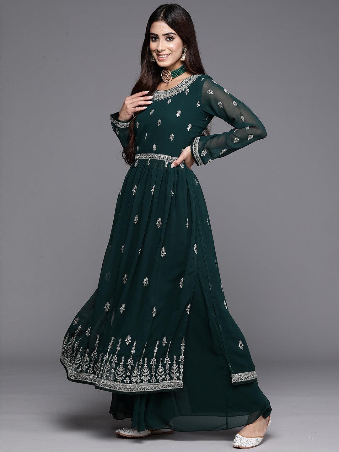 Bottle Green Embroidered Georgette A-Line Kurta With Palazzos & Dupatta