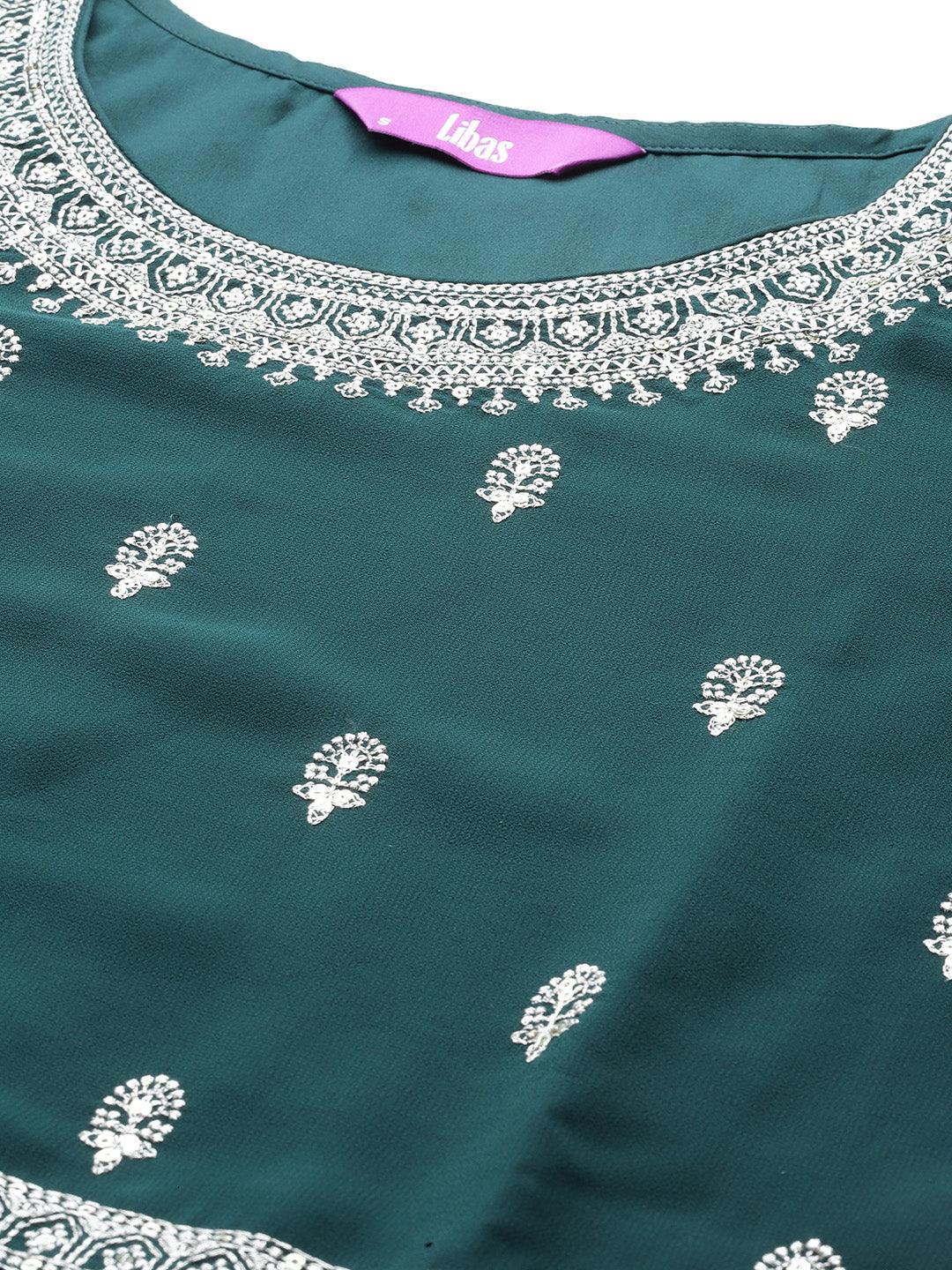 Bottle Green Embroidered Georgette A-Line Kurta With Palazzos & Dupatta - ShopLibas