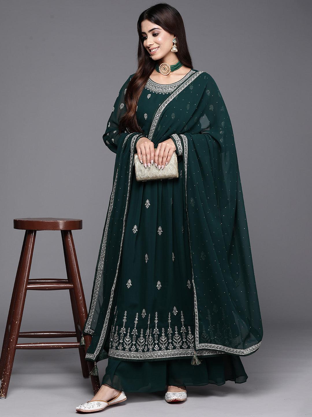 Bottle Green Embroidered Georgette A-Line Kurta With Palazzos & Dupatta - ShopLibas