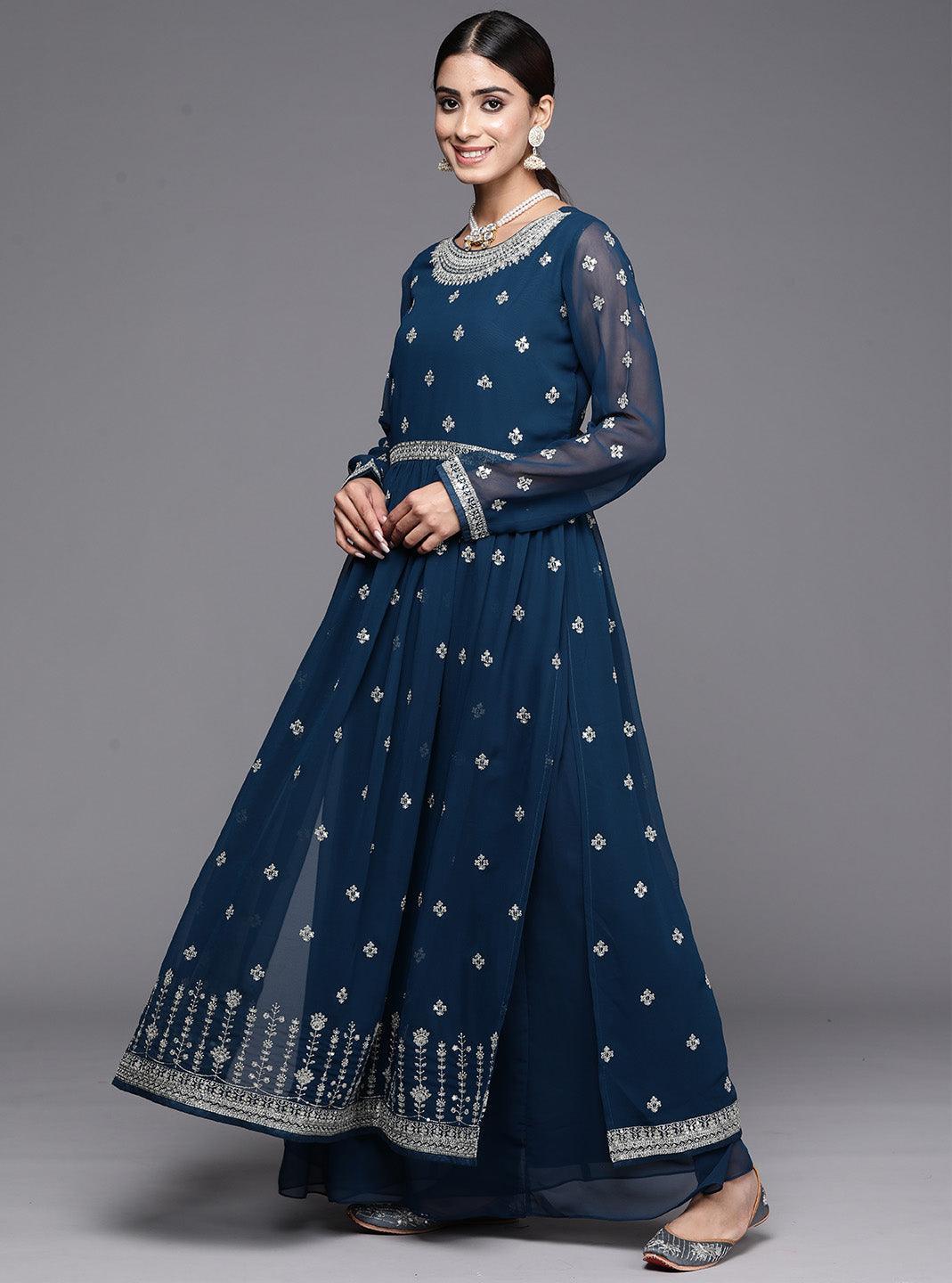 Teal Embroidered Georgette A-Line Kurta With Palazzos & Dupatta